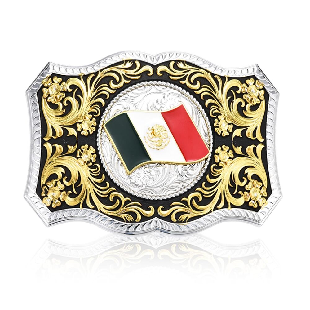 7210 Western Belt Buckle , Golden Floral Mexican Flag Belt Buckles Western